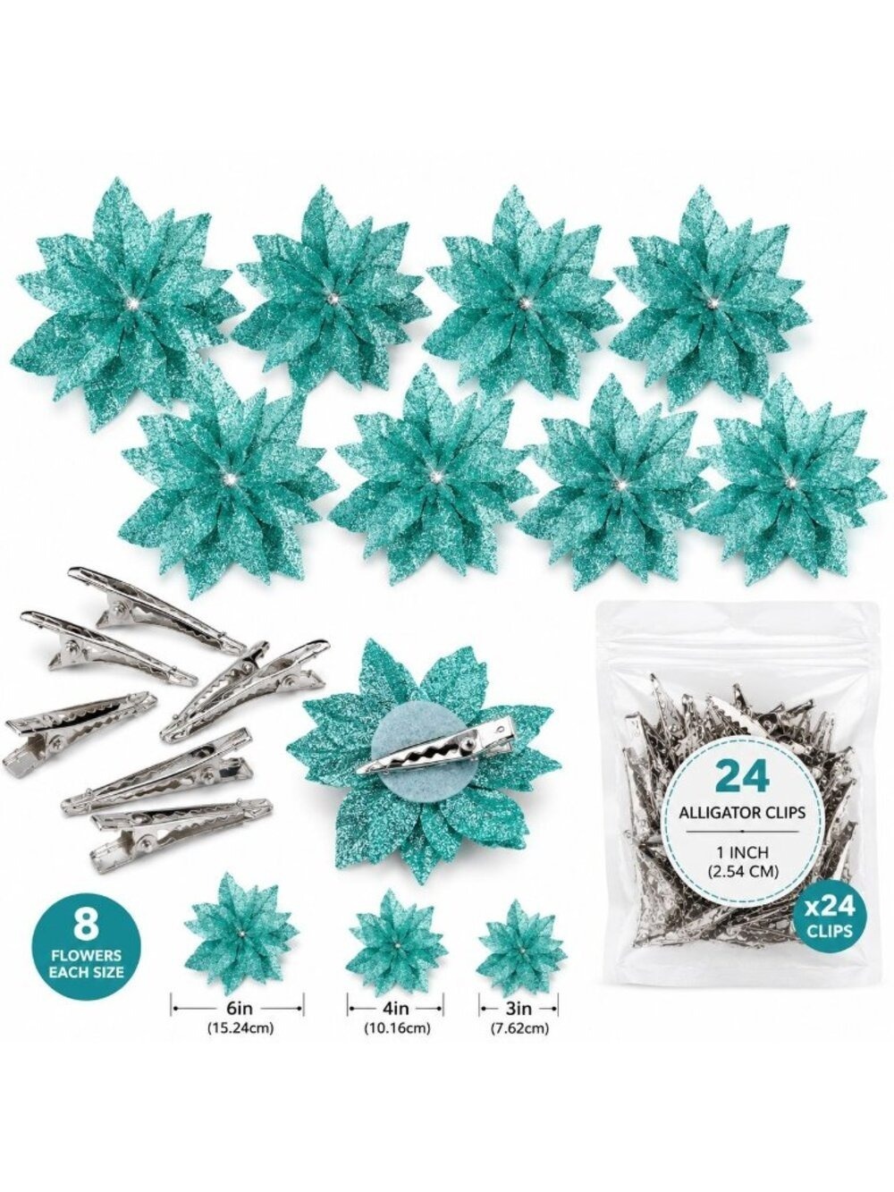 24 PCS Glitter Teal Poinsettia Christmas Tree Flowers Snowflake Holiday Floral